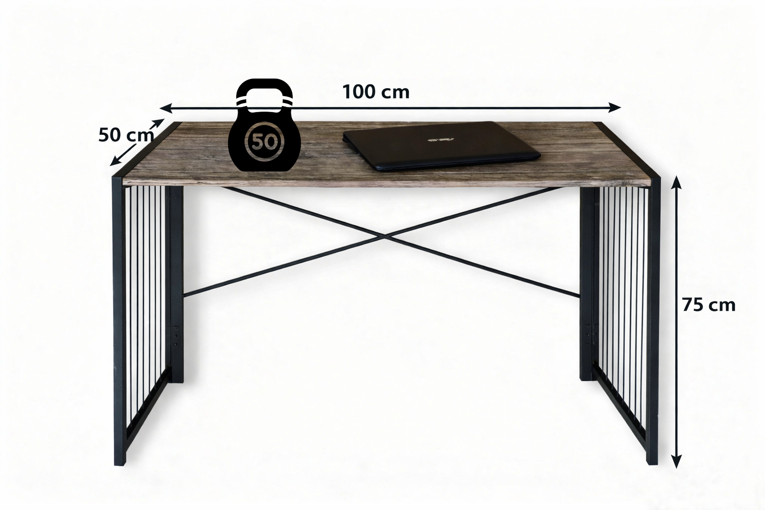 Wooden desk with dimensions labeled on a white background