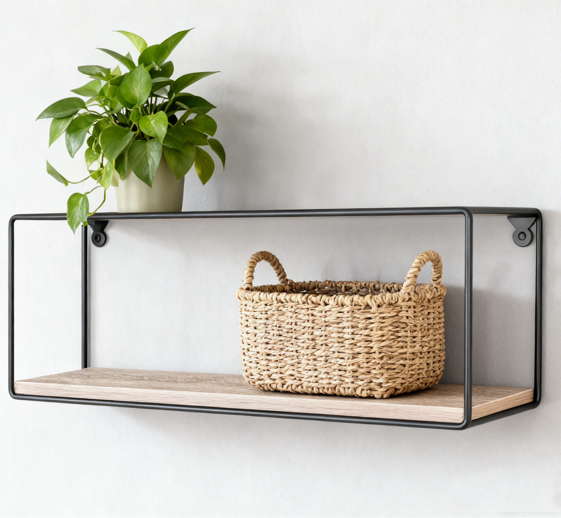 Wall-mounted shelf with a woven basket and potted plant on a white wall