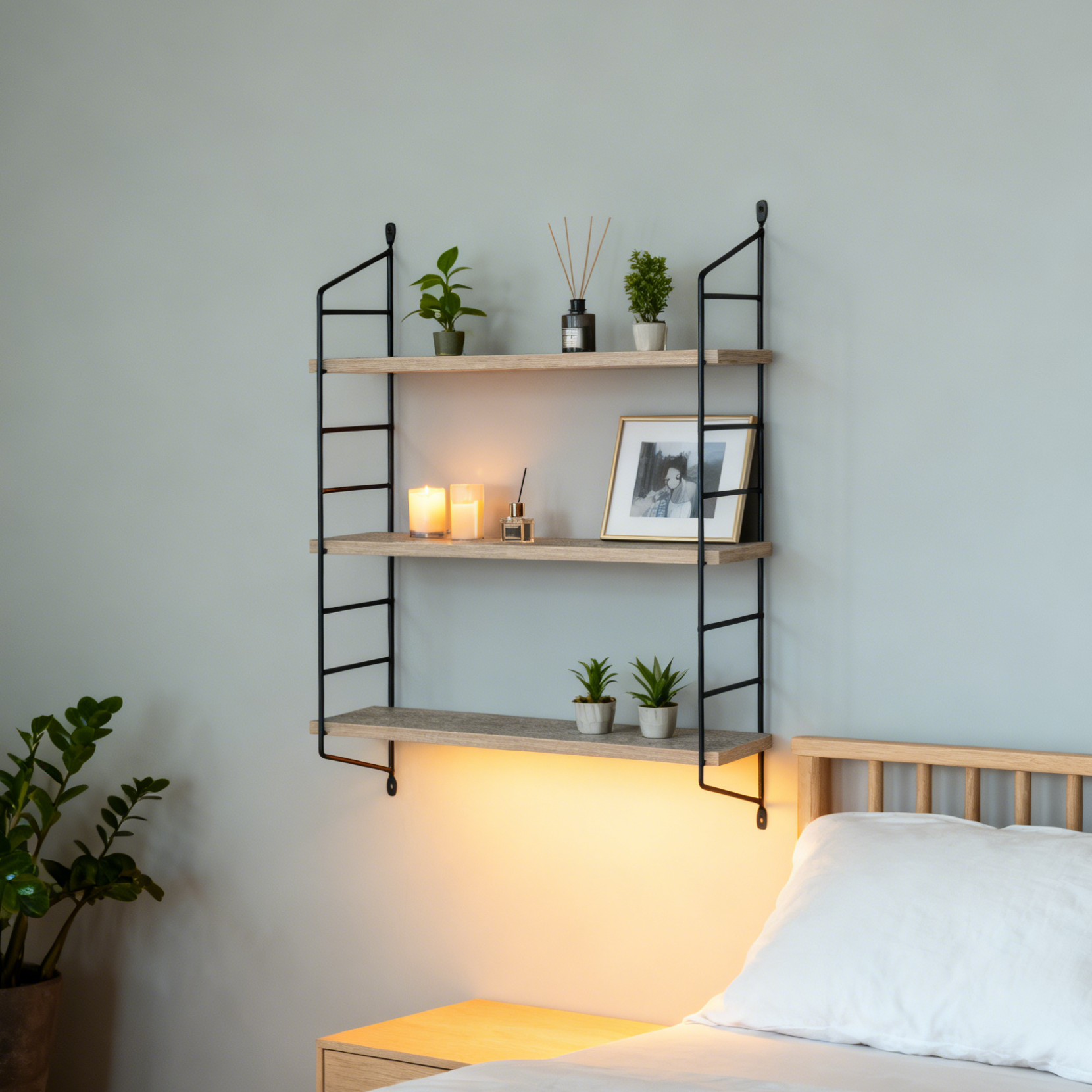 Wall-mounted shelving unit with plants and decor in a bedroom setting
