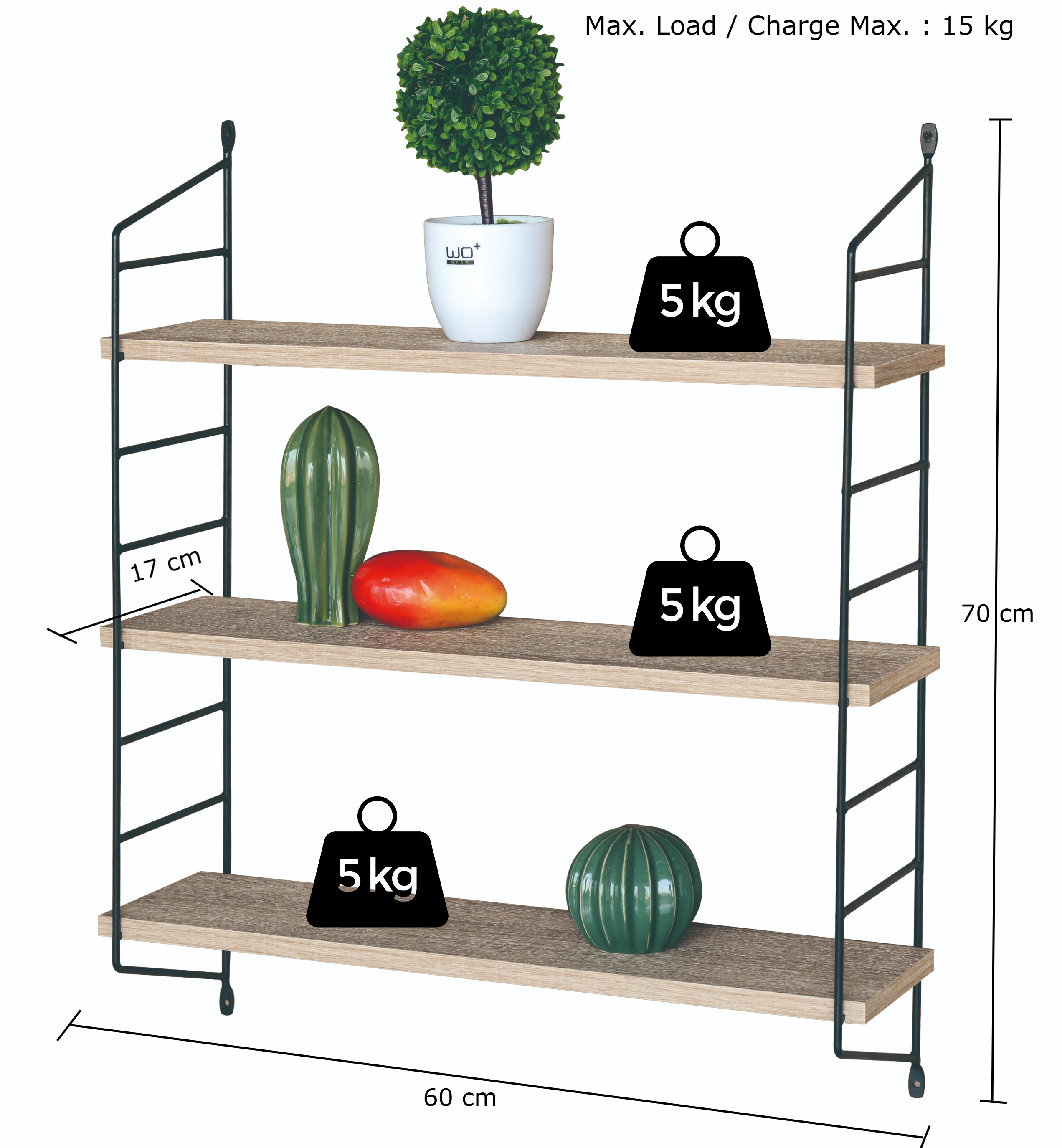 Three-tiered shelf with measurements and weight limits on a white background