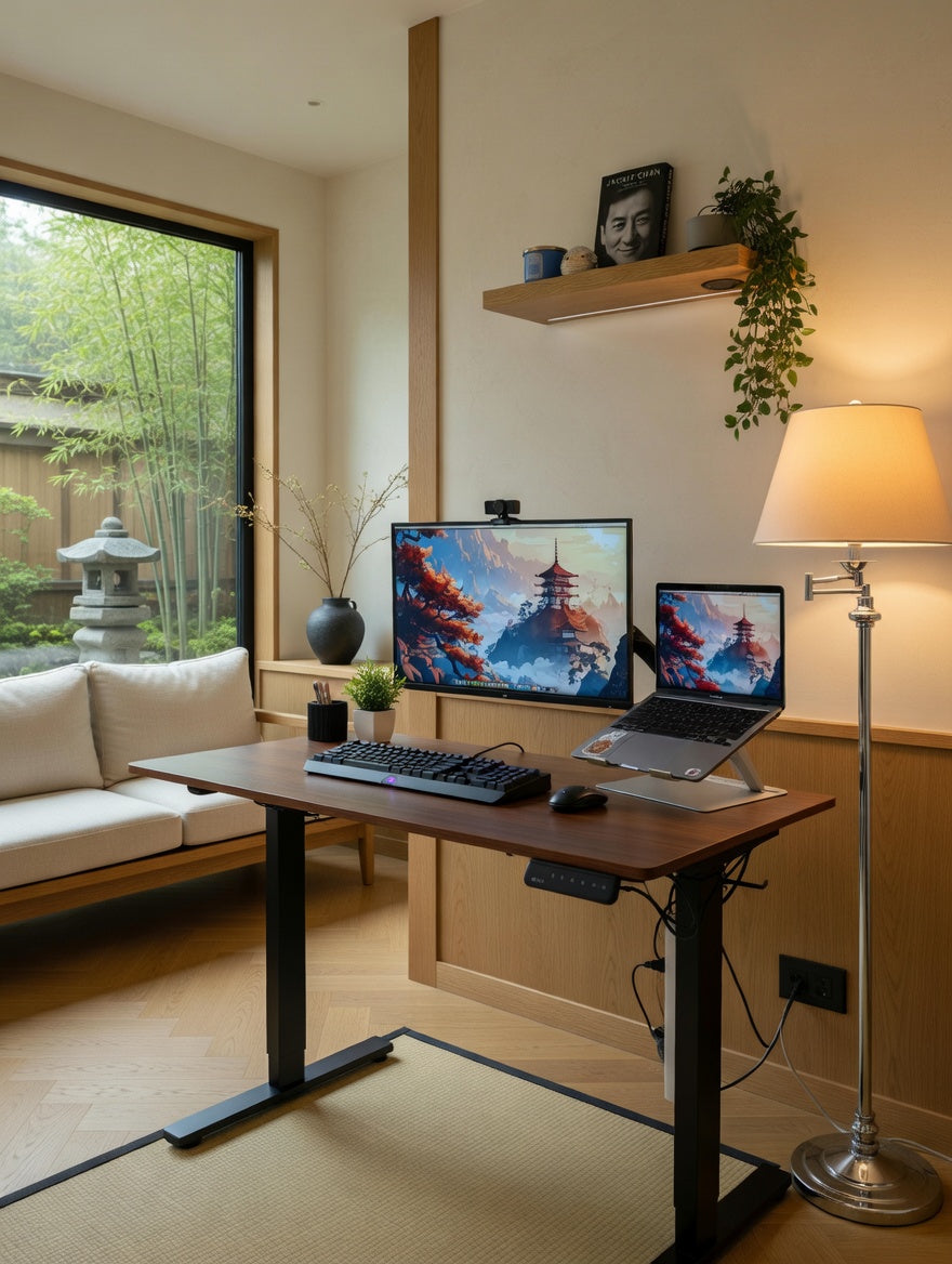 Home office setup with a desk, computer monitors, and a laptop in a room with a couch and window.