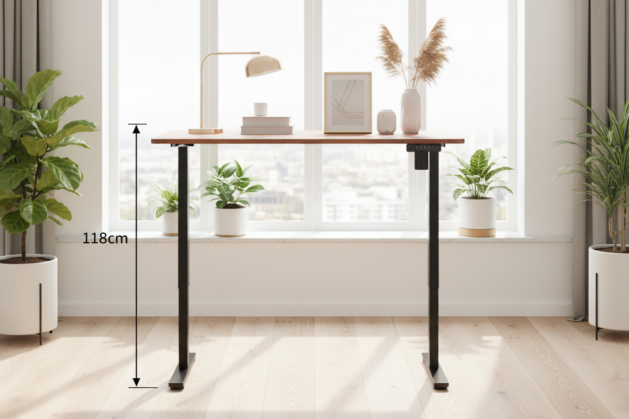 Wooden table with dimensions indicated on a white background