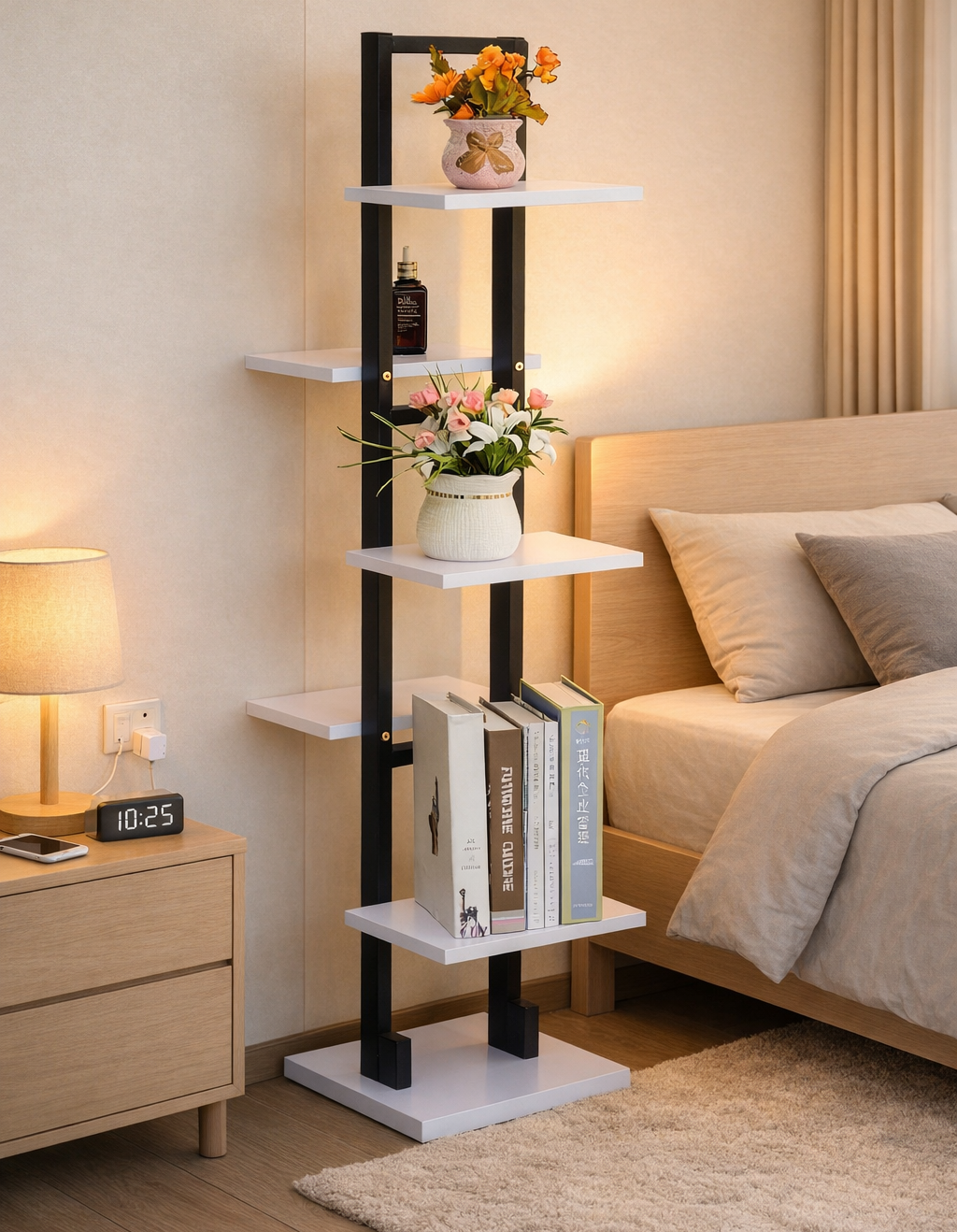 Modern corner shelf with books and flowers next to a bed in a bedroom.