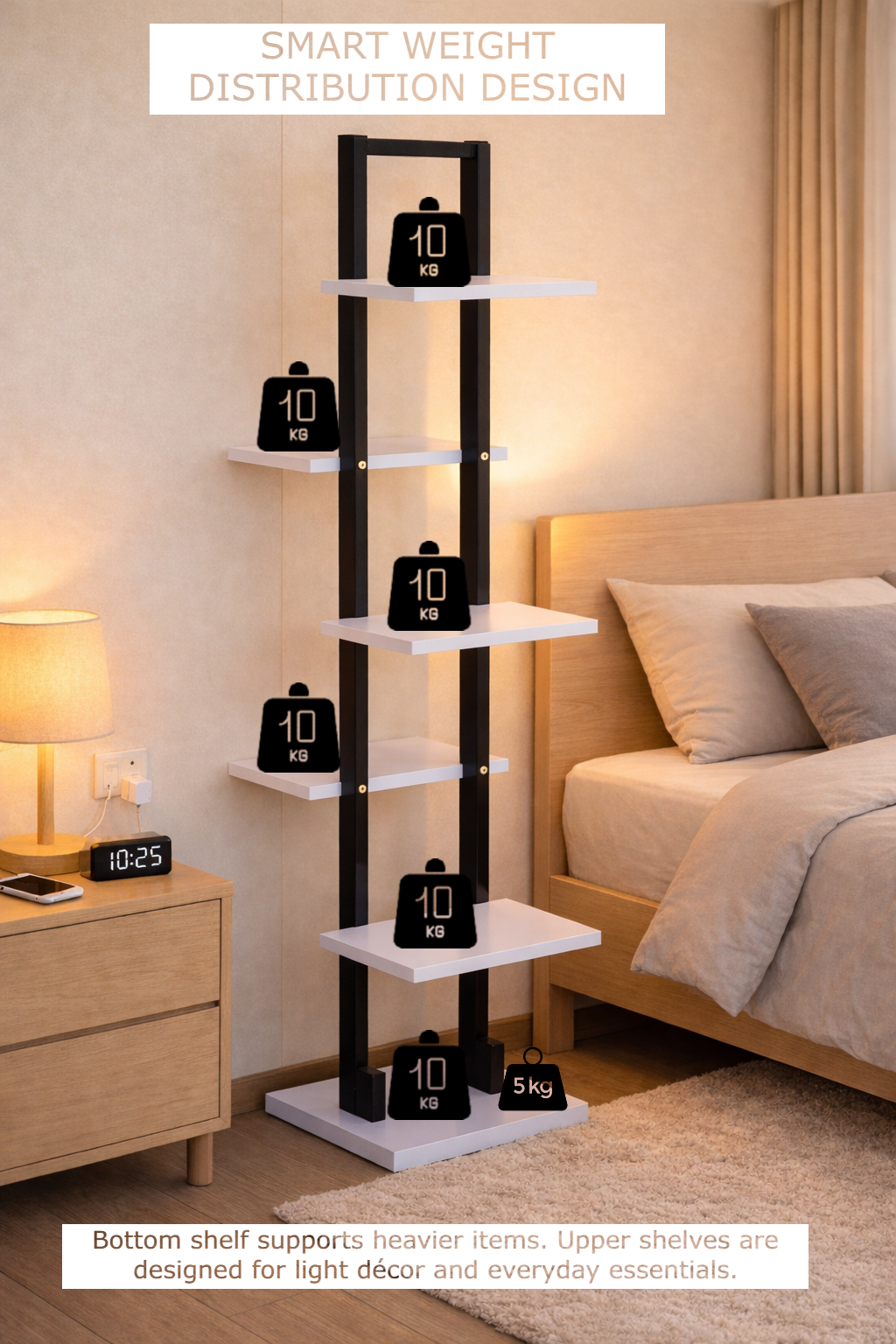 Shelving unit with weight display in a bedroom setting