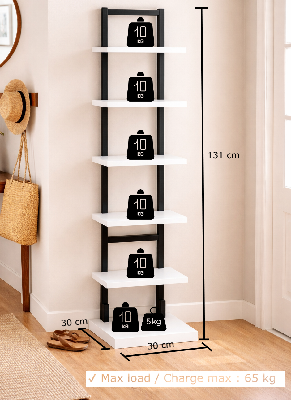 White shelf with black accents and digital weight display against a neutral wall.