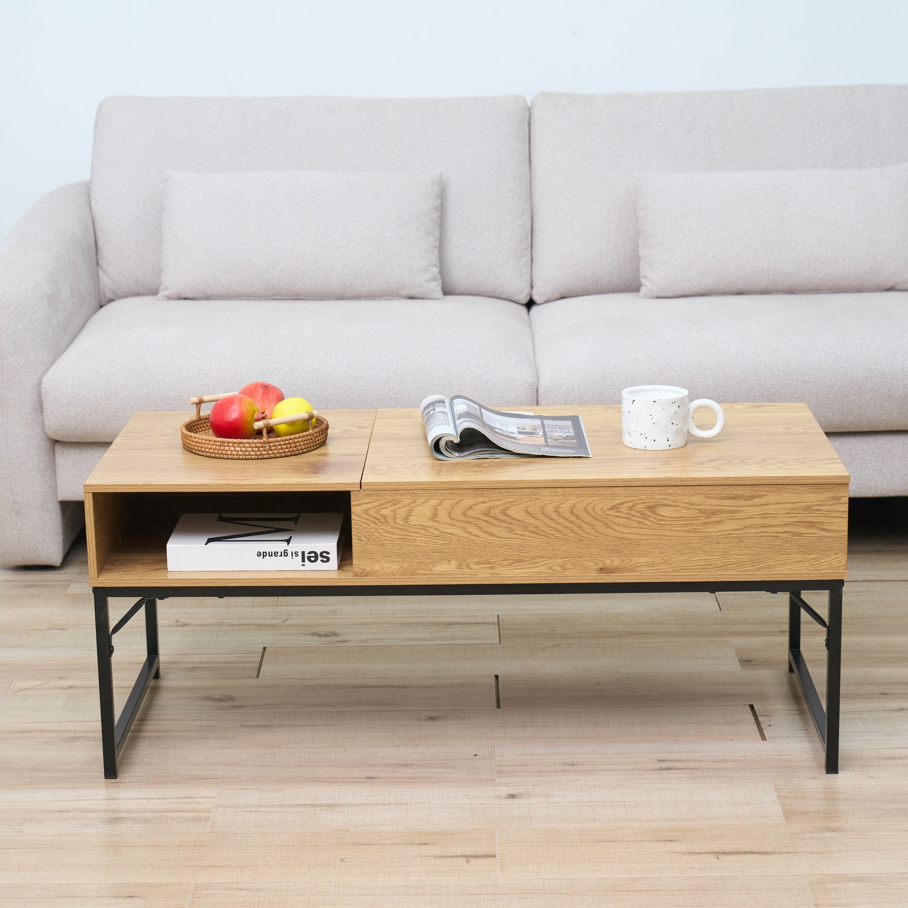 Light Oak Lift-Top Coffee Table with Hidden Storage Shelf