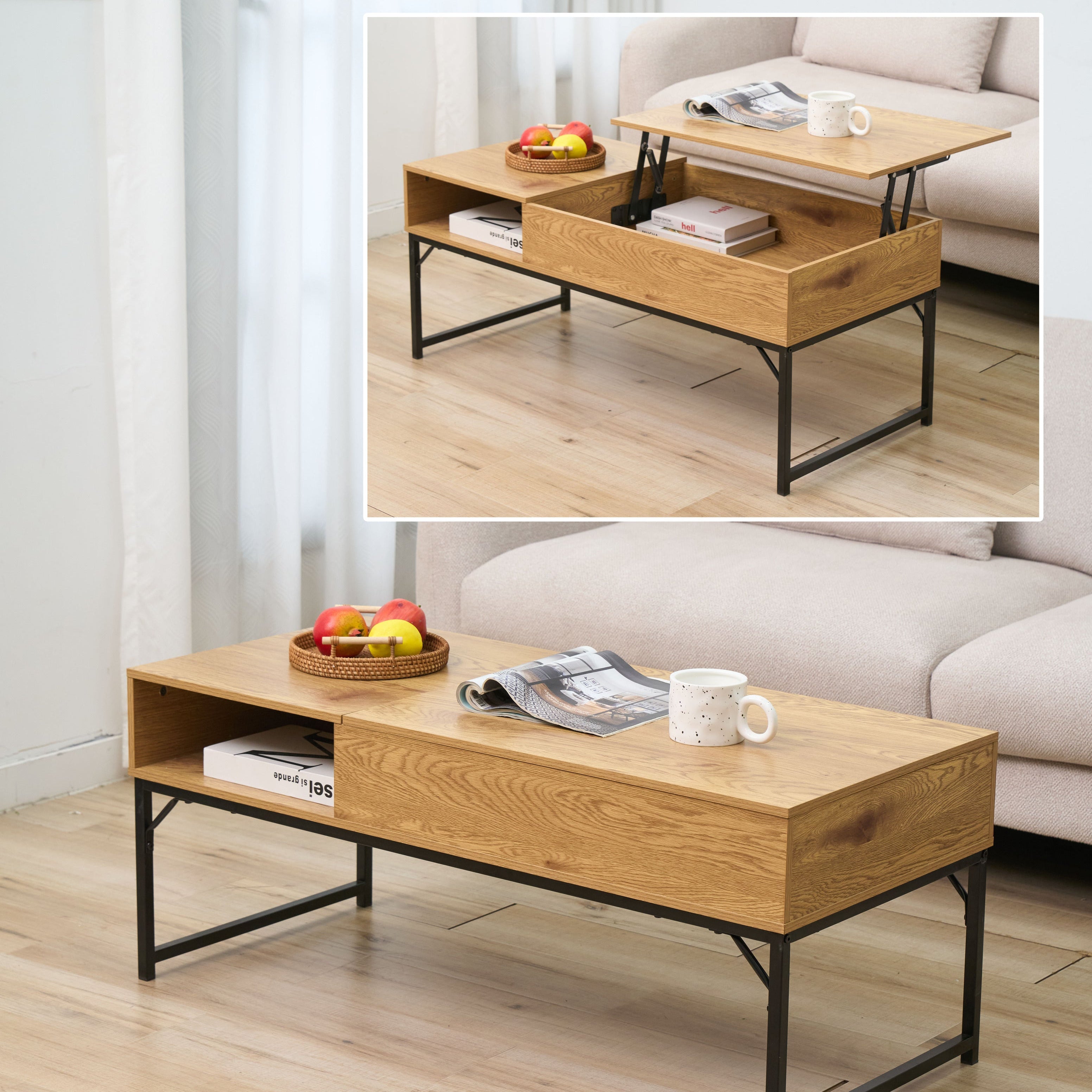 Light Oak Lift-Top Coffee Table with Hidden Storage Shelf