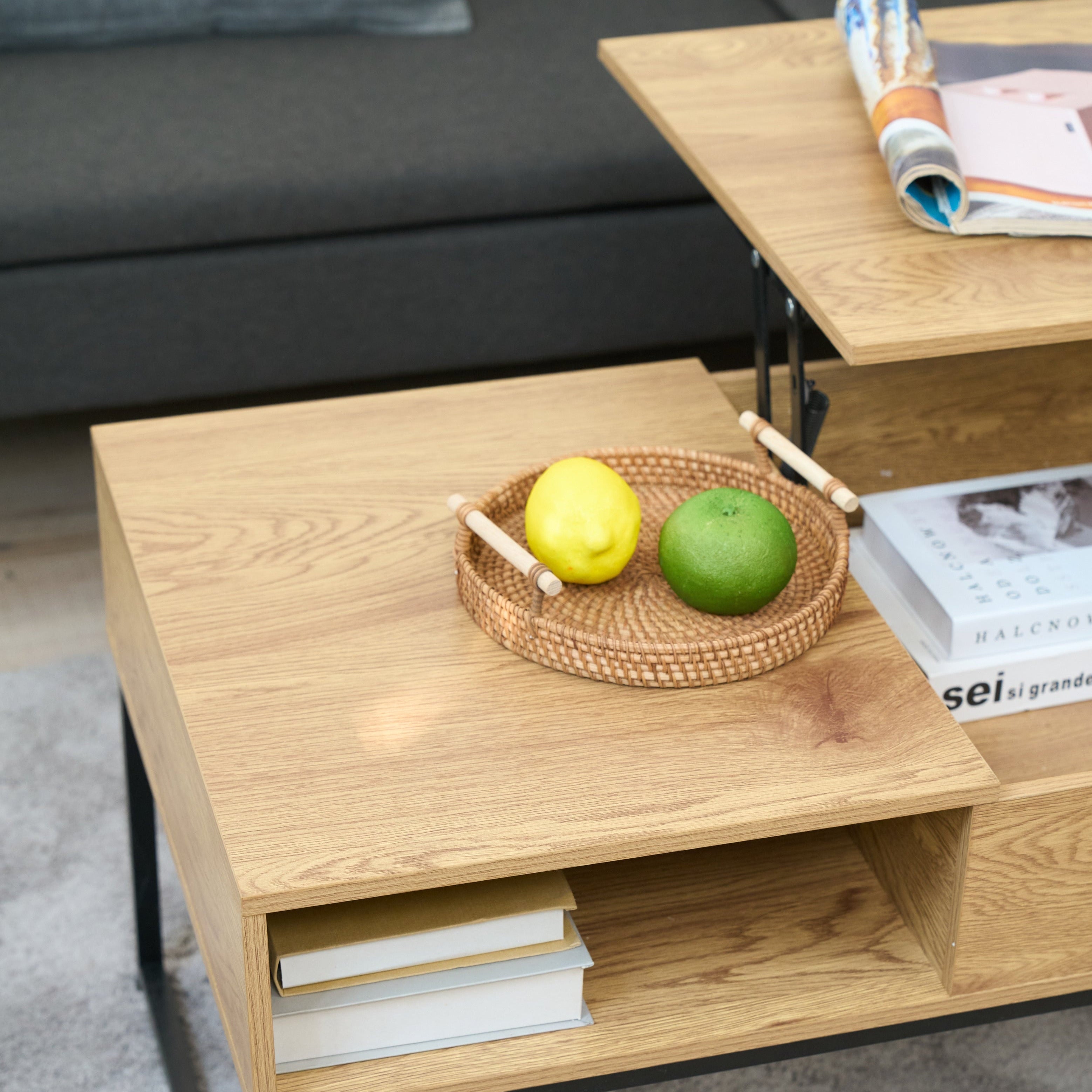 Light Oak Lift-Top Coffee Table with Hidden Storage Shelf