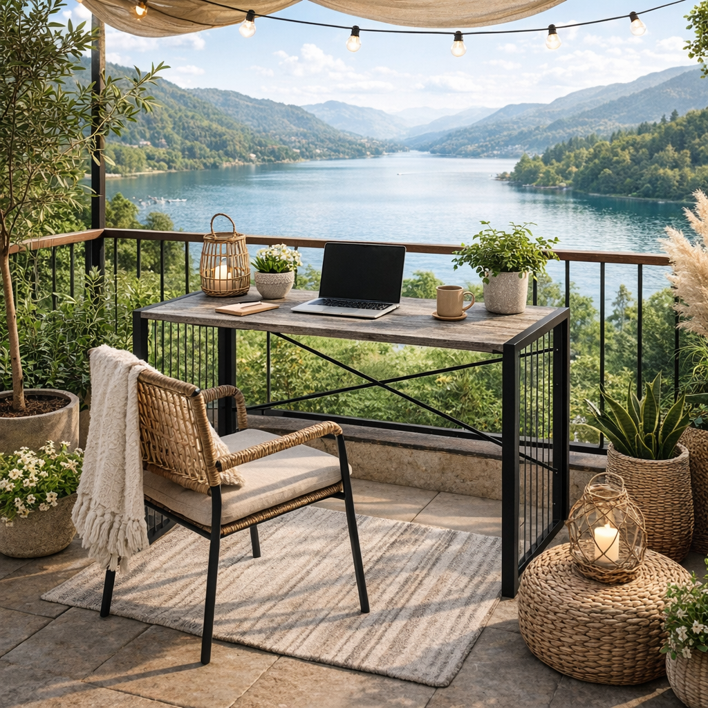 Outdoor workspace with a laptop on a table, surrounded by plants and a scenic view of a lake and mountains.