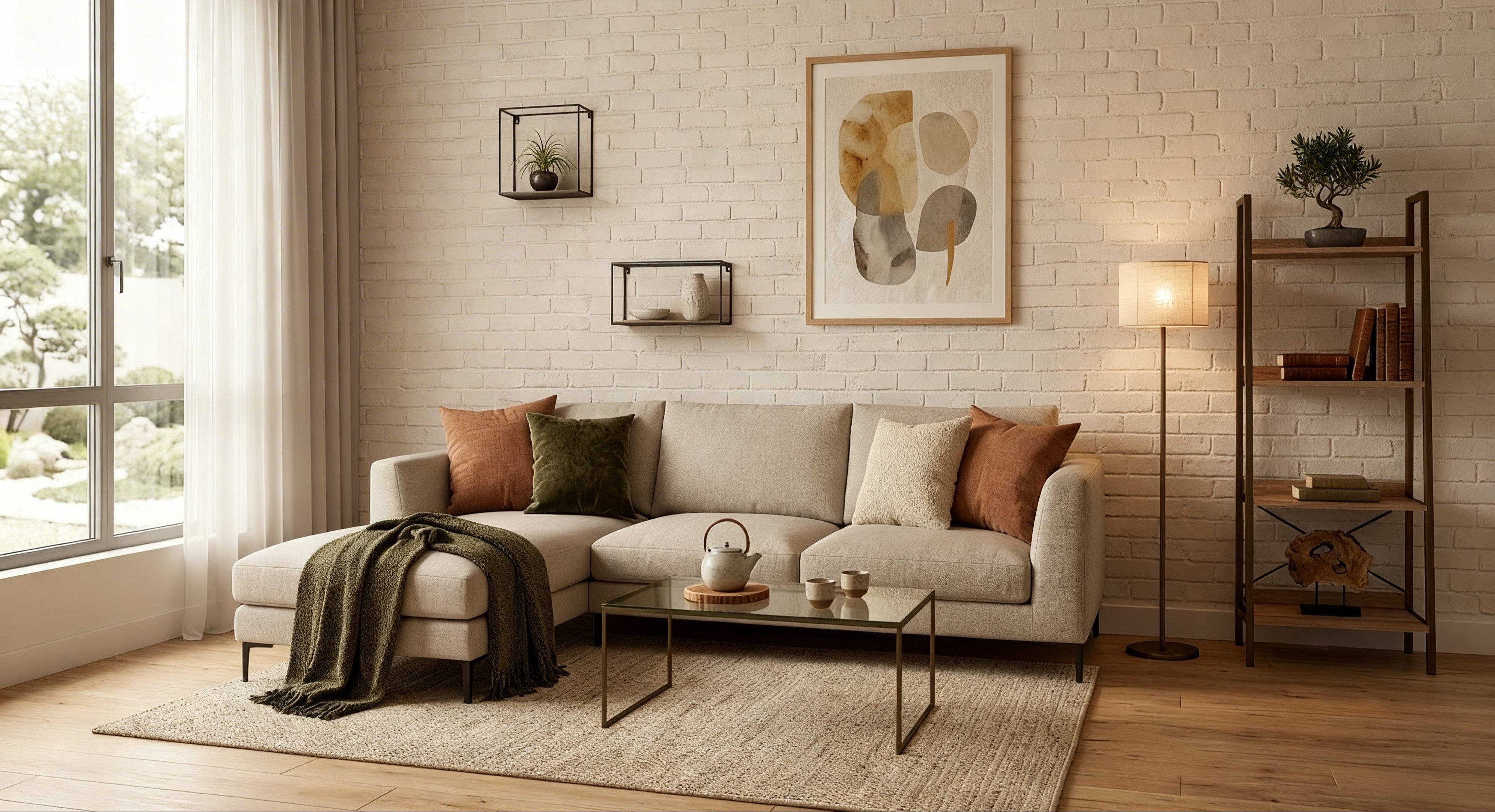 Modern living room with a sectional sofa, coffee table, and decorative items.