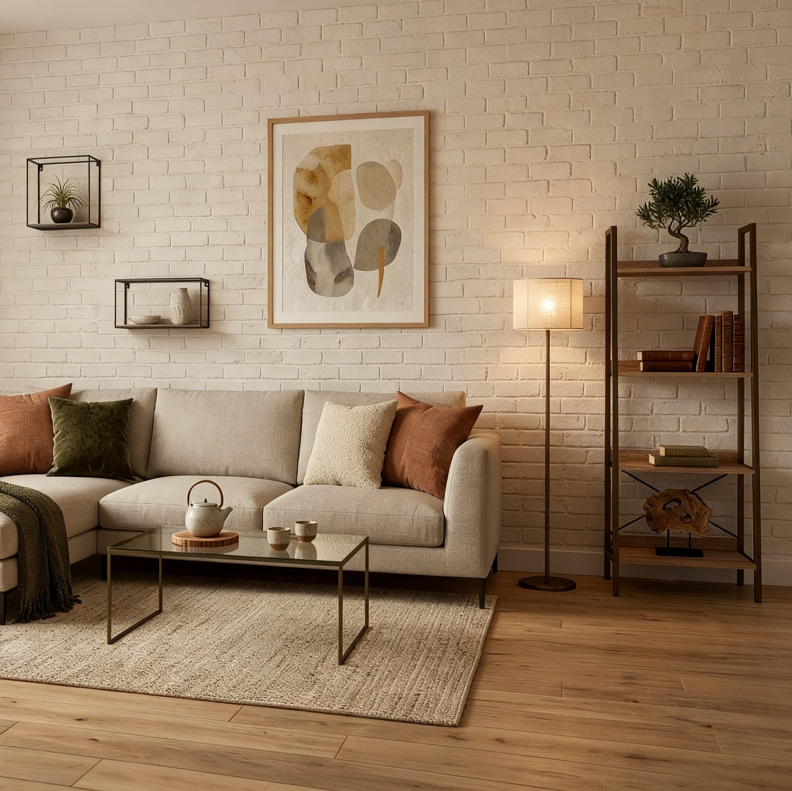 Modern living room with a sectional sofa, coffee table, and decorative items.