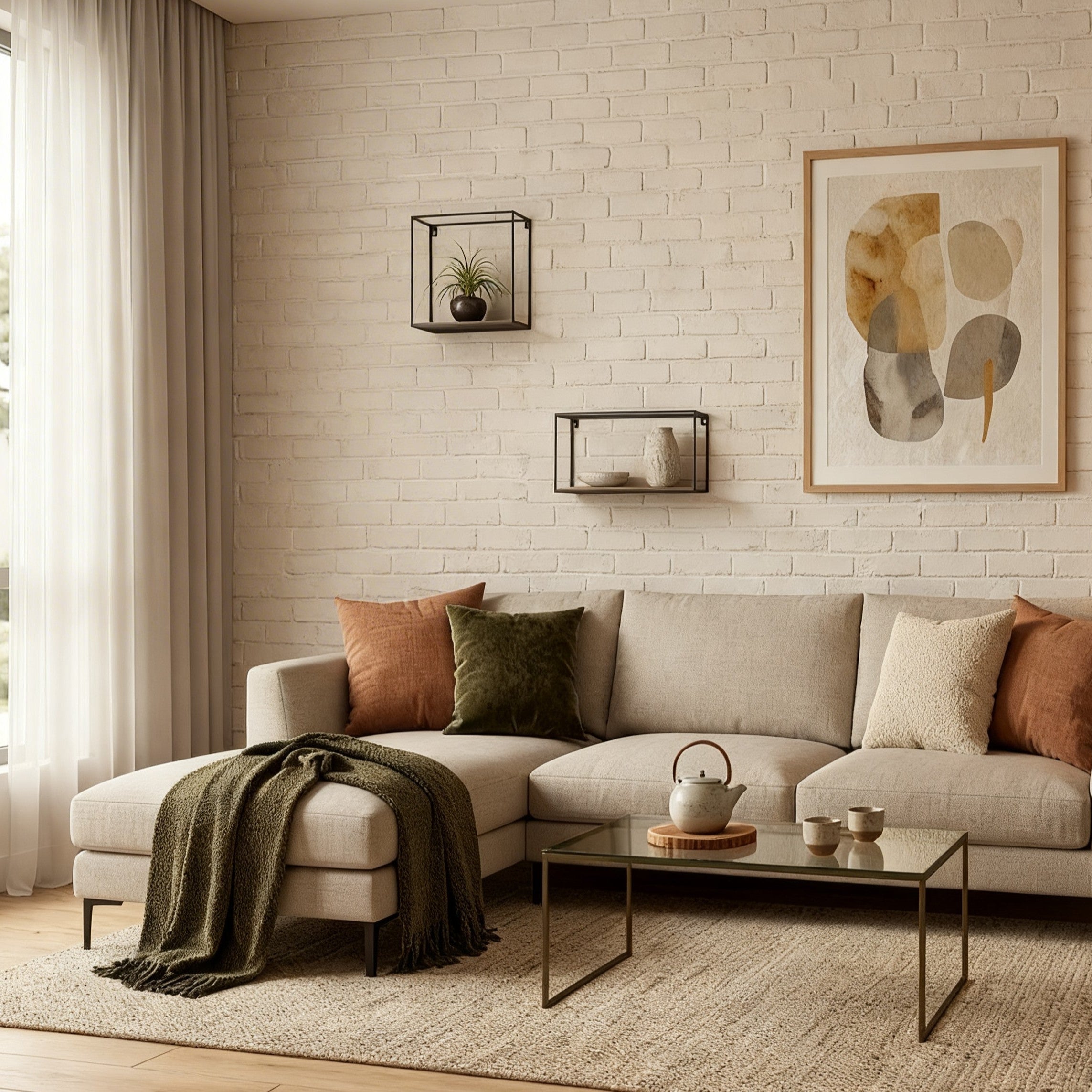 Living room with a beige sectional sofa, decorative pillows, and a coffee table.