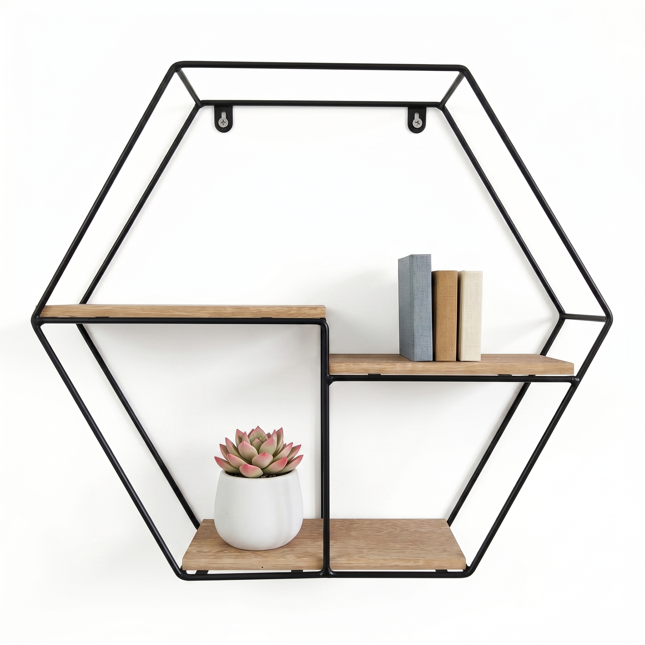 Geometric wall shelf with wooden shelves and a plant on a white background