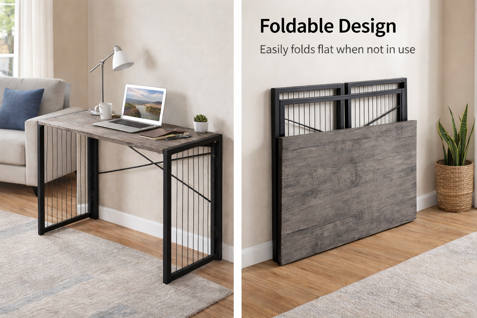 Foldable desk in a home office setting with a laptop on it, and another angle showing the folded design.