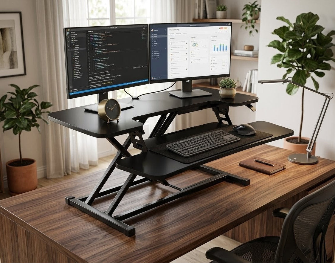 Adjustable standing desk with dual monitors in a home office setting