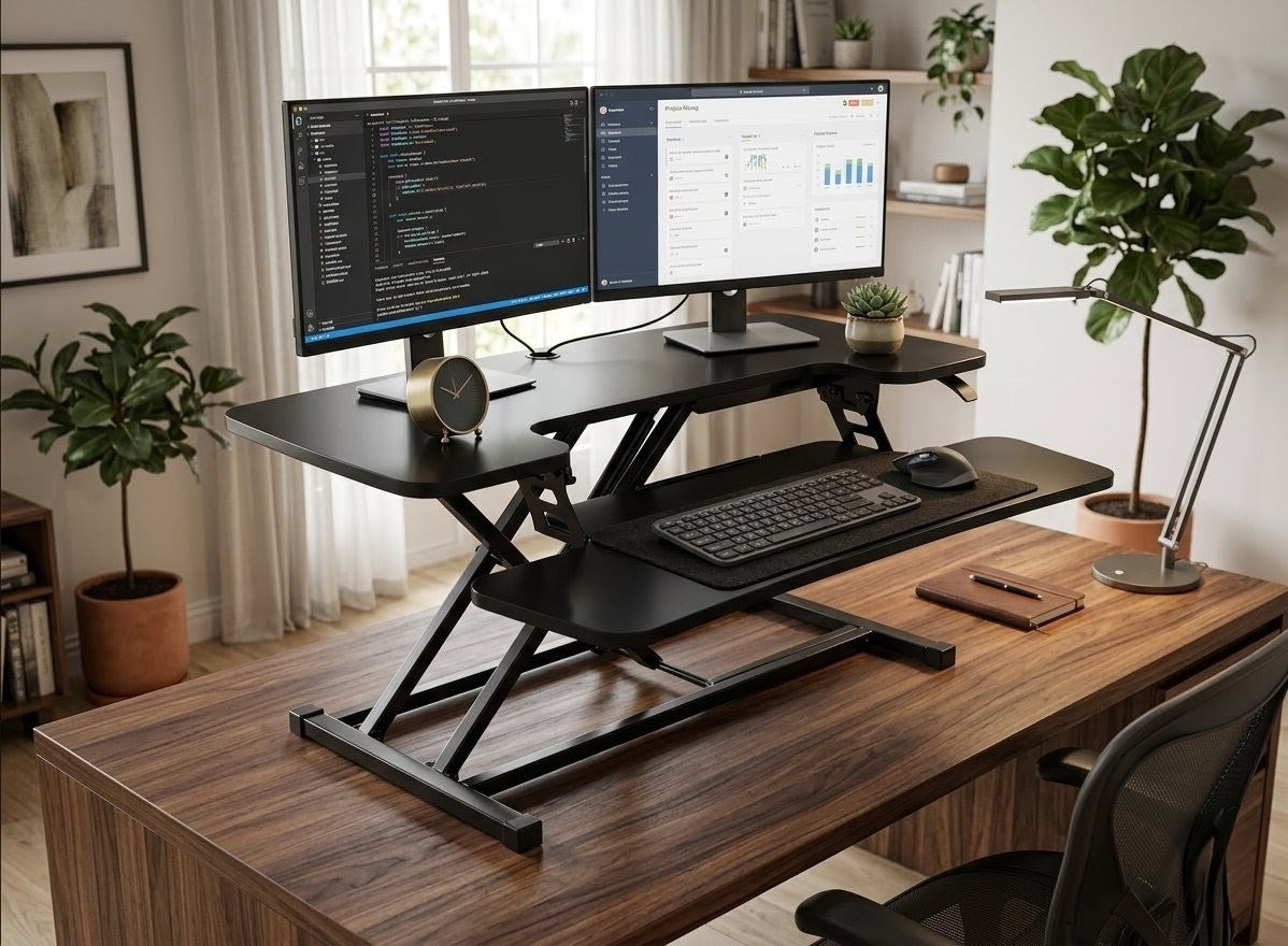 Adjustable standing desk with dual monitors in a home office setting