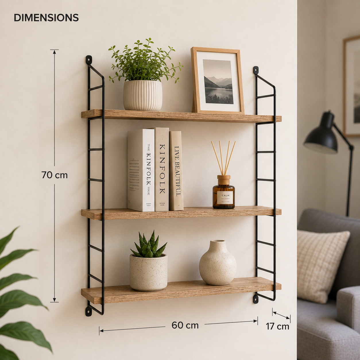 Wooden shelf with decorative items and dimensions labeled, set against a neutral wall.