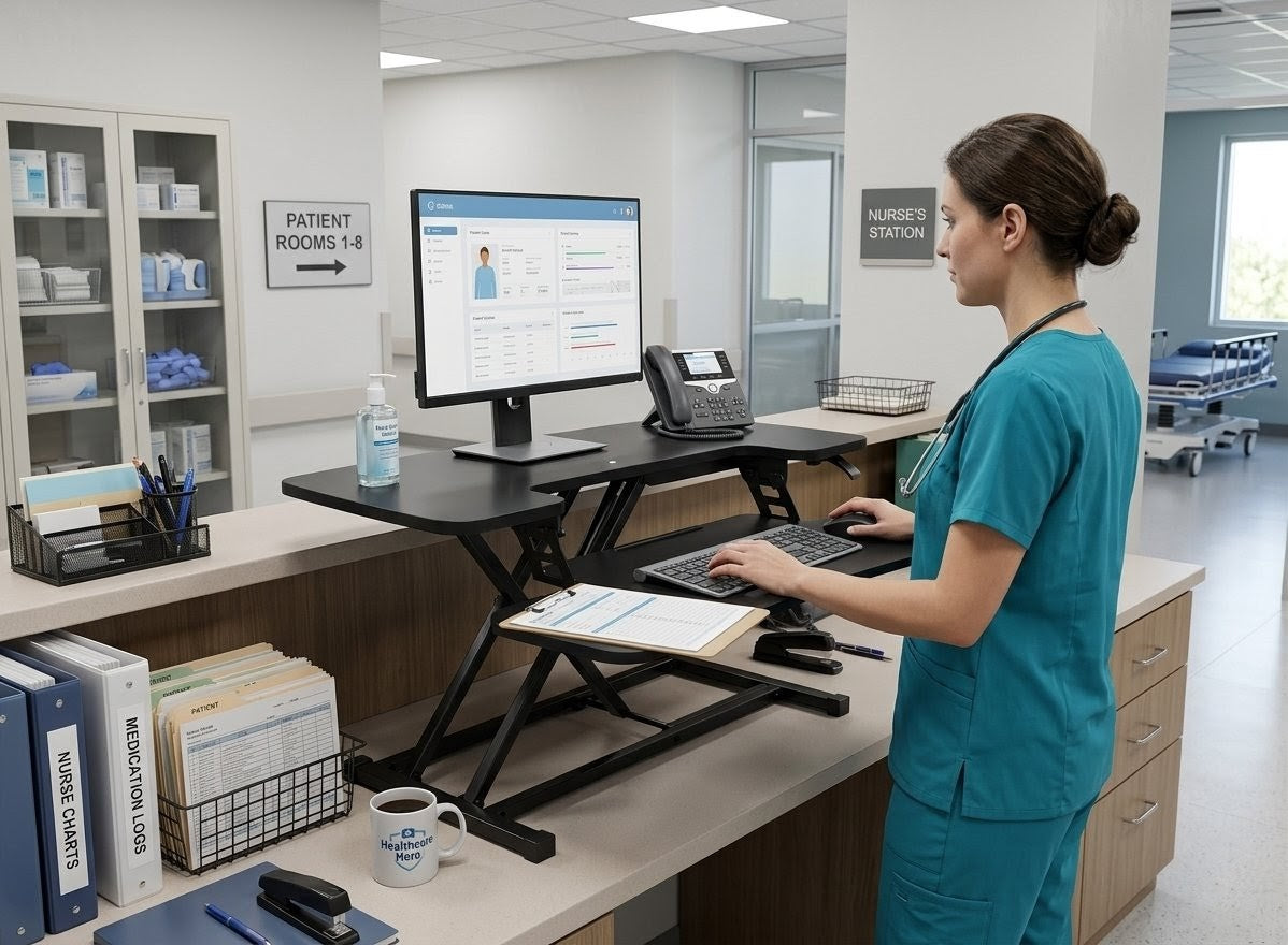 Nurse in scrubs working at a desk with medical equipment in a hospital setting
