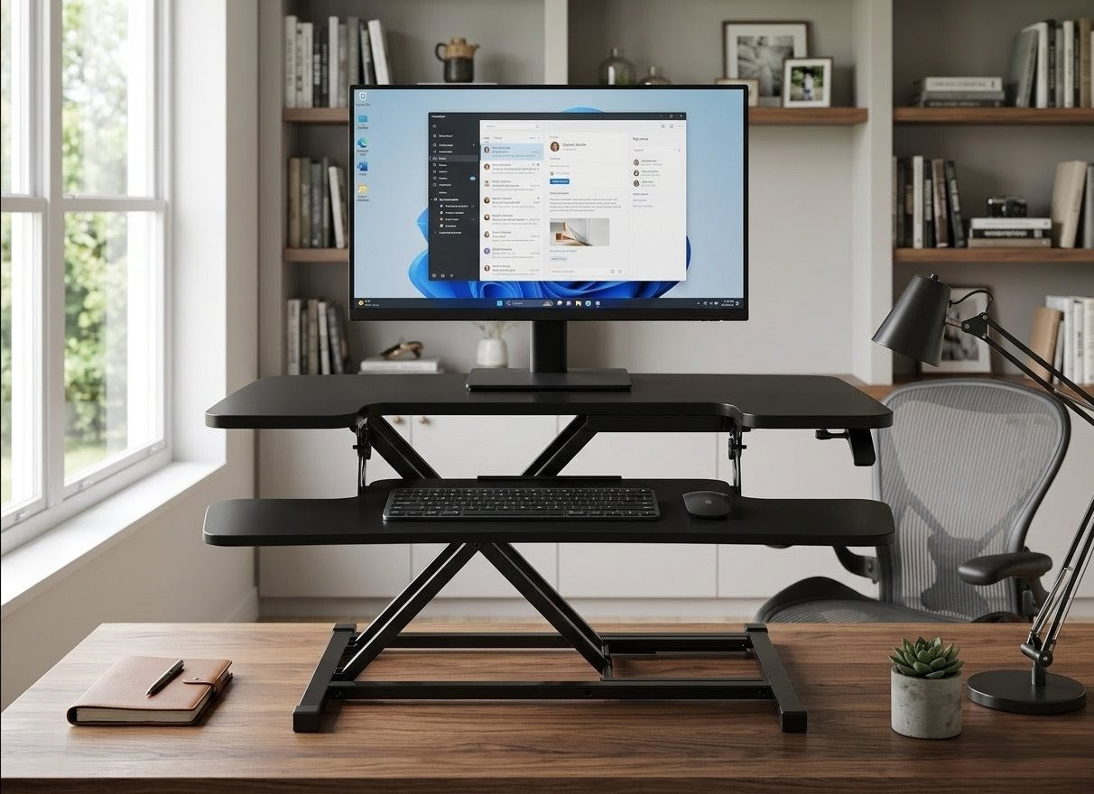 Adjustable standing desk in a home office setting with a computer monitor and chair.