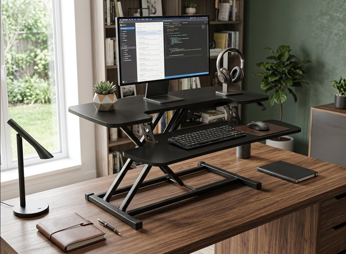 Adjustable standing desk in a home office setting with a computer monitor, keyboard, and mouse.