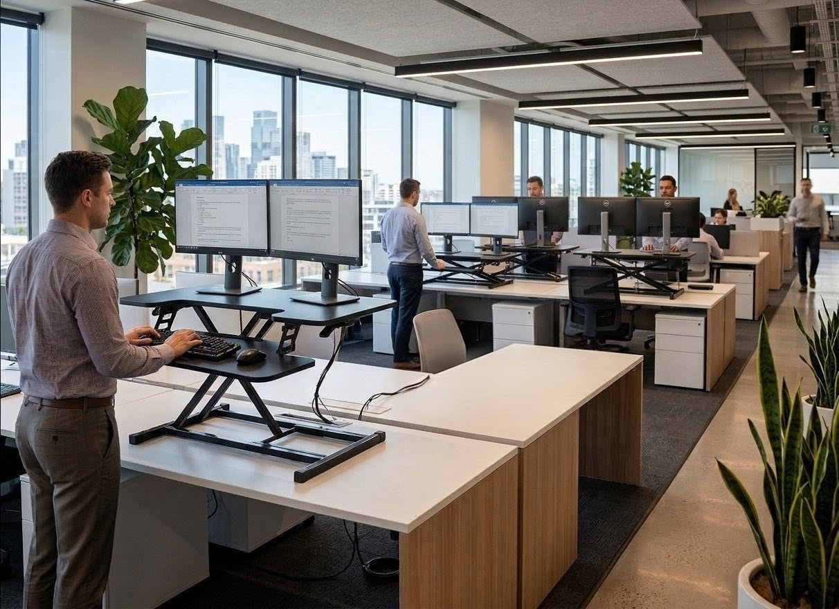 Modern office with employees working at their desks in a well-lit room with large windows.