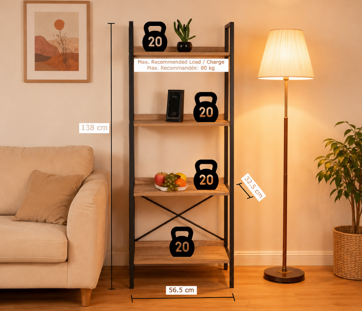 Tall metal shelf with kettlebell decorations in a living room setting